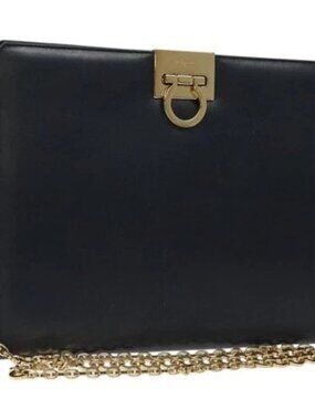 Salvatore Ferragamo Gancini Chain Shoulder Bag Leather Navy Gold Auth BD10